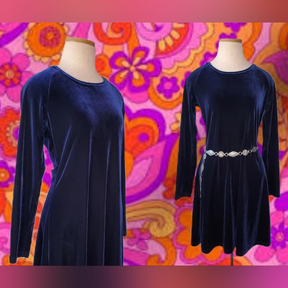Vintage 90s Blue Velvet Long Sleeve Dress Size Small Moda Int